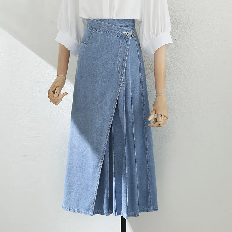 

Skirts Xpqbb Summer Pleated Skirts for Women Fashion Irregular Patchwork A-Line Denim Skirts Female Korean High Waist Long Skirt 230313, Dark blue
