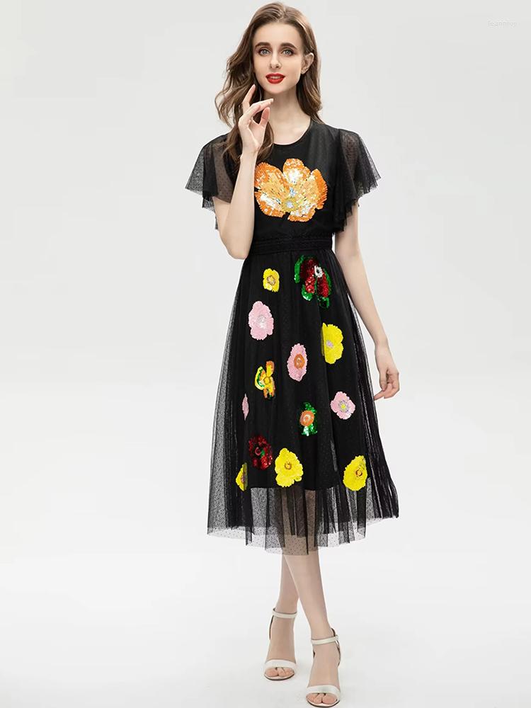 

Party Dresses MoaaYina Fashion Designer Dress Summer Women' Short Sleeve Flower Embroidery Sequins Mesh Slim, Black