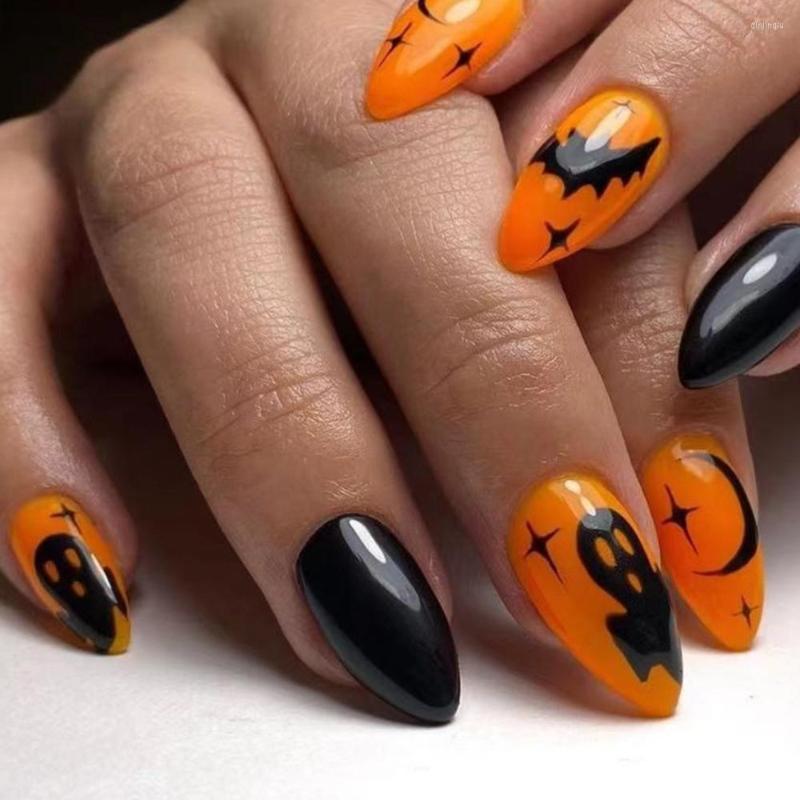 

False Nails 24pcs Halloween Moon Black Water Drop Pointed Fake French Almond Stiletto Full Cover Nail Tips Press On, Only fake nails