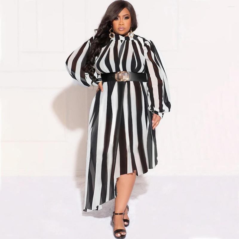 

Casual Dresses 2023 Autumn Retro Chiffon Mature Office Lady Turtleneck Full Sleeve Nature Free Women Long Asymmetrical Loose Dress, Black white