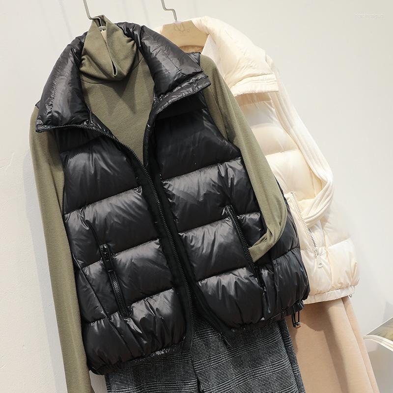 

Women's Vests Winter Down Vest Women Short Shiny Lightweight Sleeveless Jacket Casual Windproof Female White Duck Coats, Creamy-white