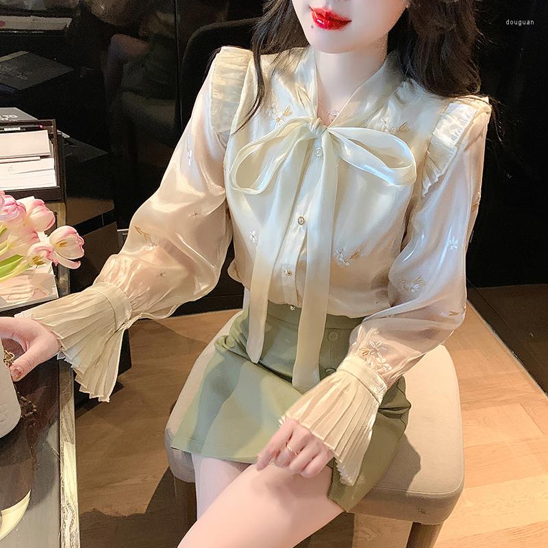 

Women' Blouses Pleated Stand Collar Womens 2023 Autumn Long-Sleeved Chiffon Shirt European Style Office Lady All-Matching Tops, Picture color