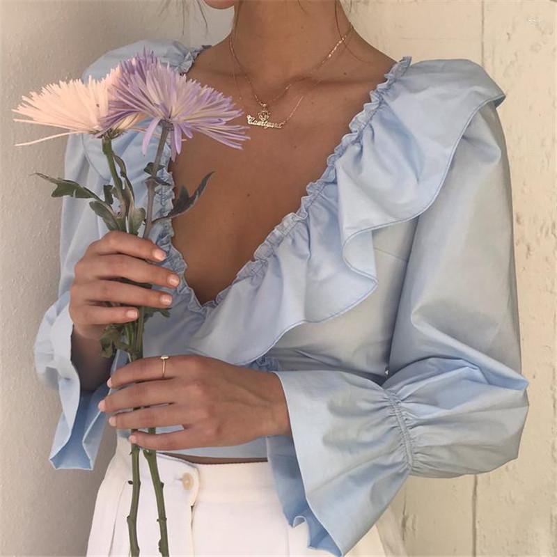 

Women' Blouses Plus Size Women Shirt Sweet Girl Frilly Ruffles Crop Top V-neck Long Sleeve Blouse Solid Color Flare 3Colors, Blue