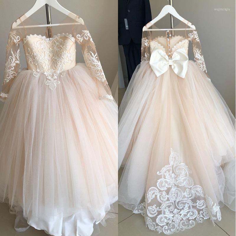 

Girl Dresses Lace Tulle Flower Girls Up White For Child Wedding Parti Bridesmai Maxi Ball Gown Communion Evening, Beige
