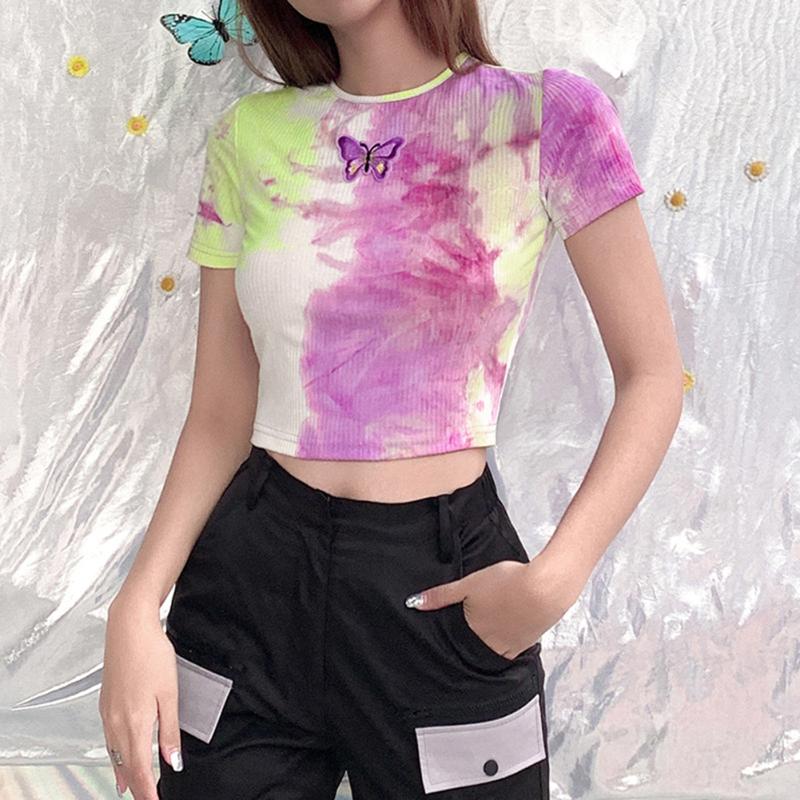 

Women' T Shirts Women Butterfly Embroidery Show Navel T-shirts Short Sleeve Summer 2023 Slim Female Tees Cute Sweet Girl Harajuku Tops, Picture shown