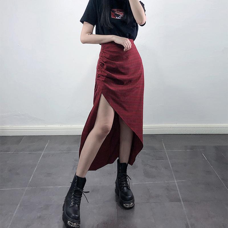 

Skirts Fashion Summer Punk Gothic Girl High Split Pleated 2023 Women Sexy Red Plaid Waist Streetwear Long Skirt Female