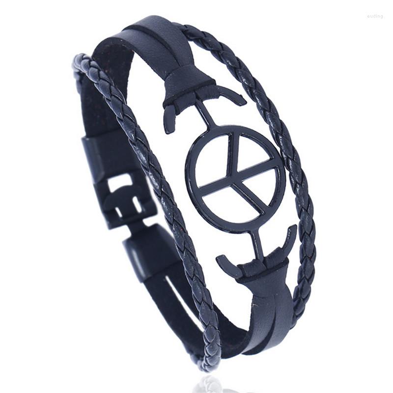 

Charm Bracelets Fashion Armband Hollow Peace Sign Bracelet Bangle Black Brown Genuine Leather Hand Chain Buckle Friendship Men Women