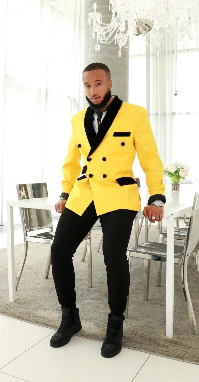 

Men's Suits Costume Double Breasted Men Yellow And Black Groom Tuxedos Shawl Lapel Groomsmen Wedding Man 2 Pieces (Jacket Pants)