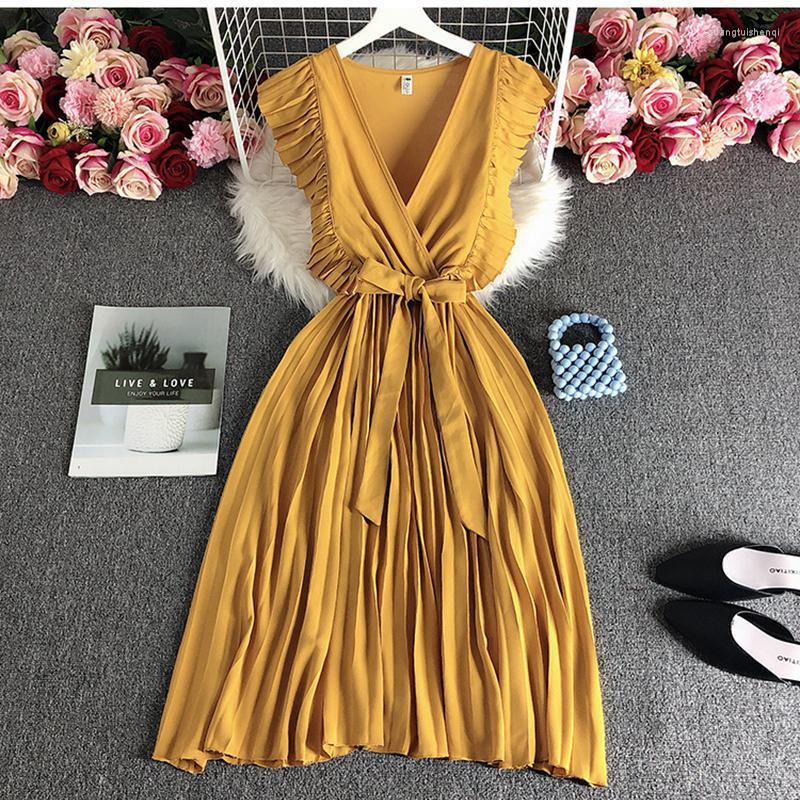 

Casual Dresses ZCWXM Summer Women French Pleated Dress Mid-calf Sleeveless V-Neck Elegant Lace Up Black/Yellow/Green Sashes Chiffon