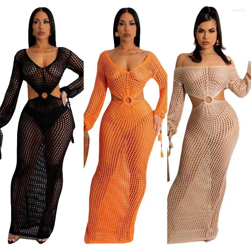 

Women' Swimwear 2023 Crochet Hollow Out Beach Long Dress Sexy Women Sleeve Bikini Bathing Suit Cover-ups Wear, Khaki