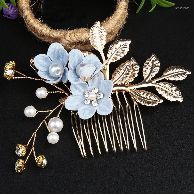 

Headpieces Flower Hair Combs Bridal Wedding Golden Leaf Accessories Crown Headdress Women Rhinestone Crystal Pearl Jewelry Pins