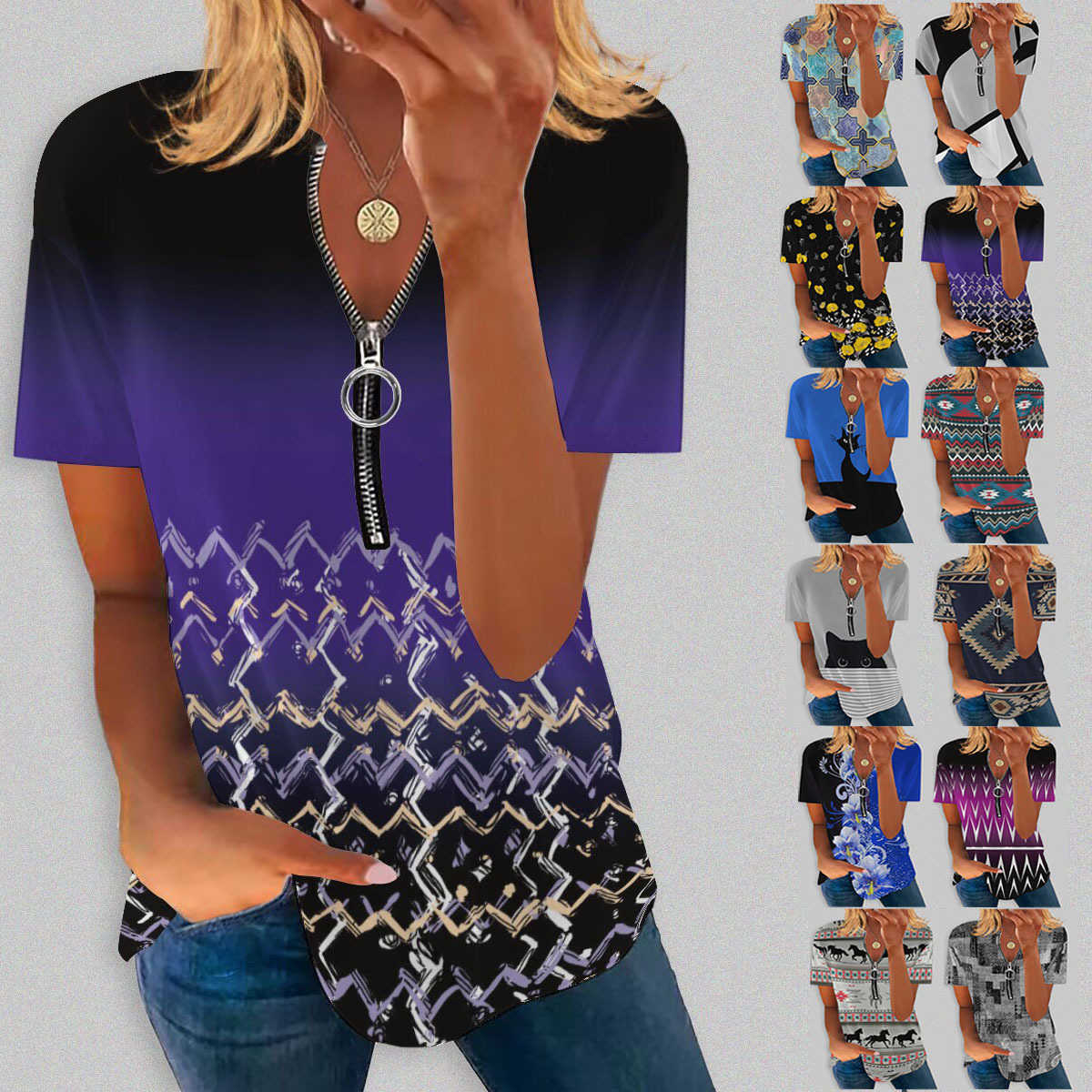 

2023 summer women's ethnic style printed cotton short-sleeved v-neck zippered T-shirt top, Figure 1