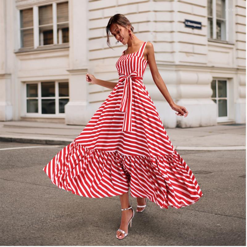 

Casual Dresses Women Elegant Long Big Swing Dress Vintage Red Striped Female Office Evening Party Maxi Plus Size -3XL