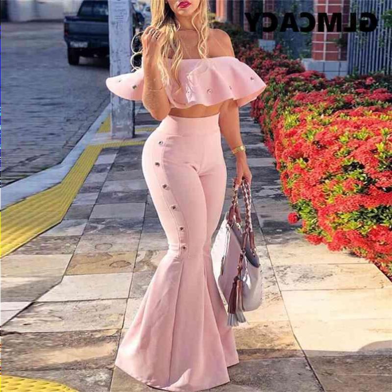 

Casual Dresses Women Two Piece Outfits Off Shoulder Ruffle Crop Tops and Flare Pants 2 Piece Set Summer Club Party Festival Set 210722 Fbwpi, Pink