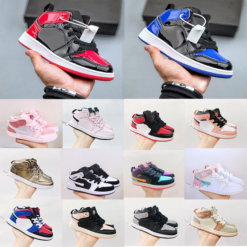 

Jumpman 1 High Kids shoes boys girls Royal Blue Patent Bred Sneakers Children Walking toddler Sports retro basketball shoes 1s outdoor young jogging trainers shoe
