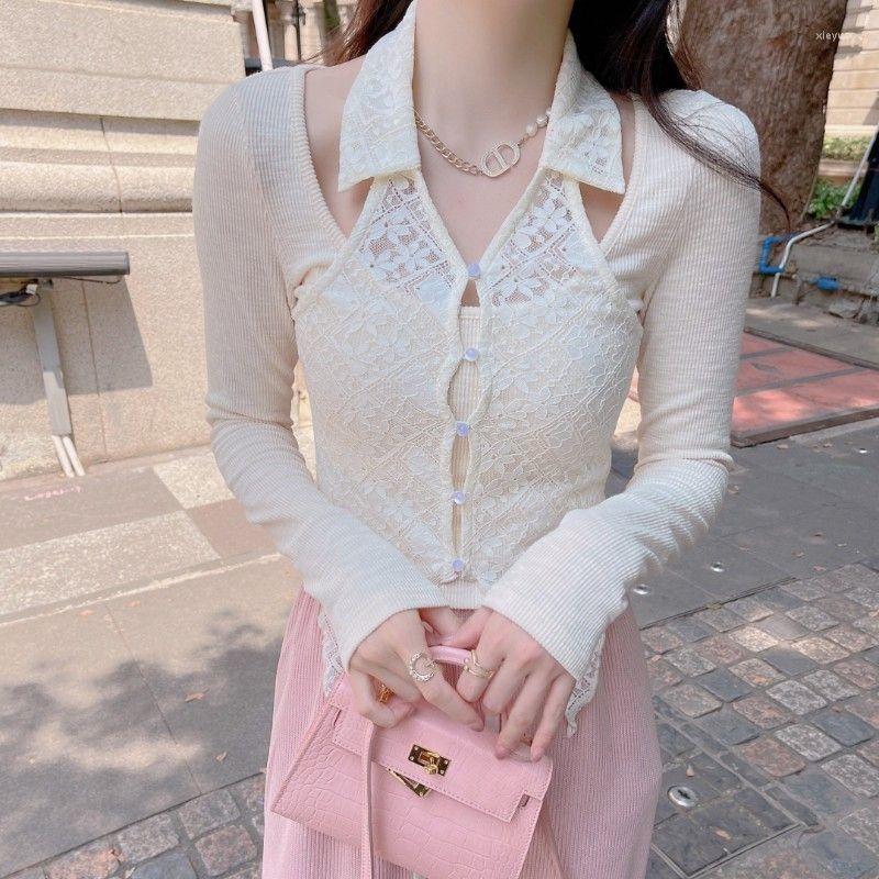 

Women's Blouses Design Fashion Shirt Women's 2023 Two Pieces Neck Lace Top Vintage Clothes For Women Tops Shirts, Apricot color