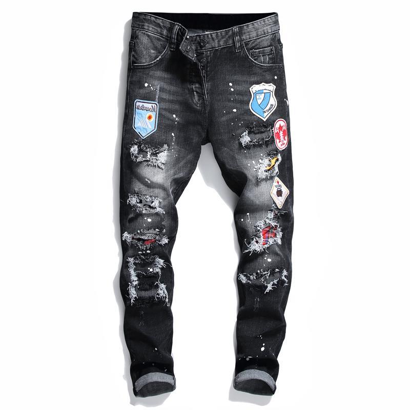 

Pants Men Badge Rips Stretch Black Jeans Men's Fashion Slim Fit Washed Motocycle Denim Pants Panelled Hip HOP Trousers 10200 Mtulk, 1297