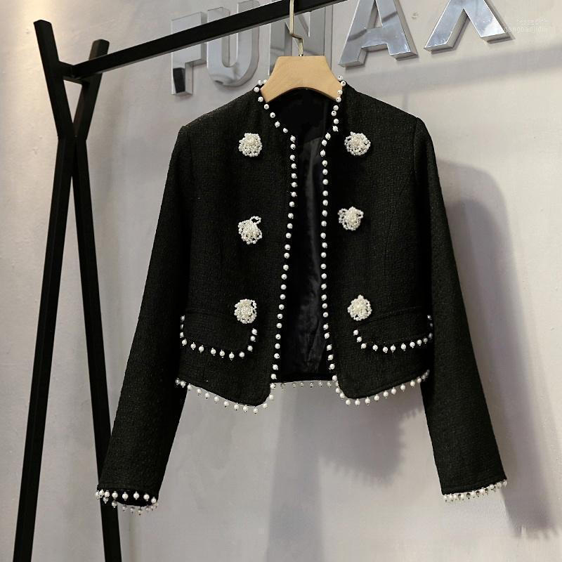 

Women' Wool & Blends Women Woolen Coat Short Tweed Coats Three-Dimensional Beaded Flower Cropped Jacket Lady Chic Top Slim Fit Spring Autum, Black