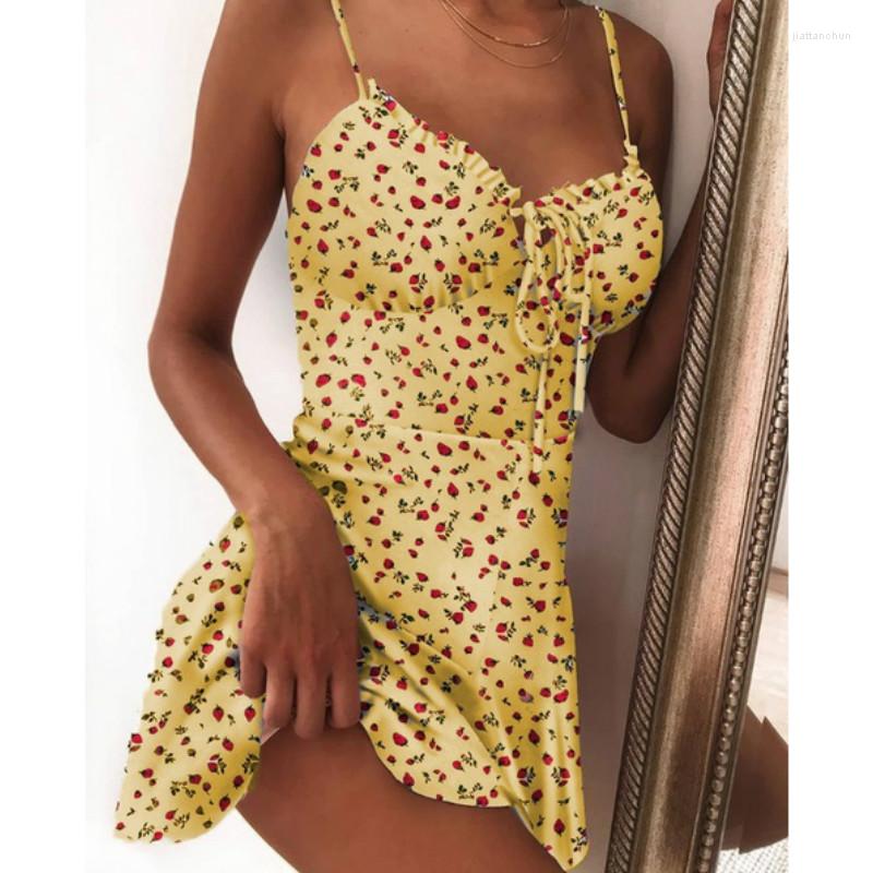 

Casual Dresses Women Summer Dress 2023 Bow V Neck Sleeveless Backless Strawberry Printed Bandage Sling -2XL