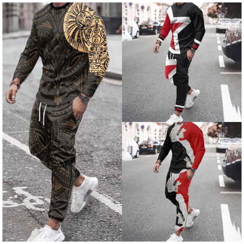 

Men's Tracksuits Long Sleeve Suits Blouse Drawstring Trousers Sportswear Two-piece Casual Tracksuit With 3D Printed O-Neck Tracksu, Tc1034