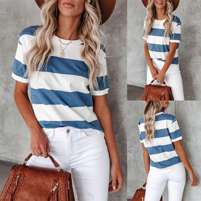 

Women' T Shirts Women T-Shirt Cotton Short Long Sleeve Lady Shirt Tee Blusa O-Neck Stripe Print Tunic Tops Summer Streetwear, Blue