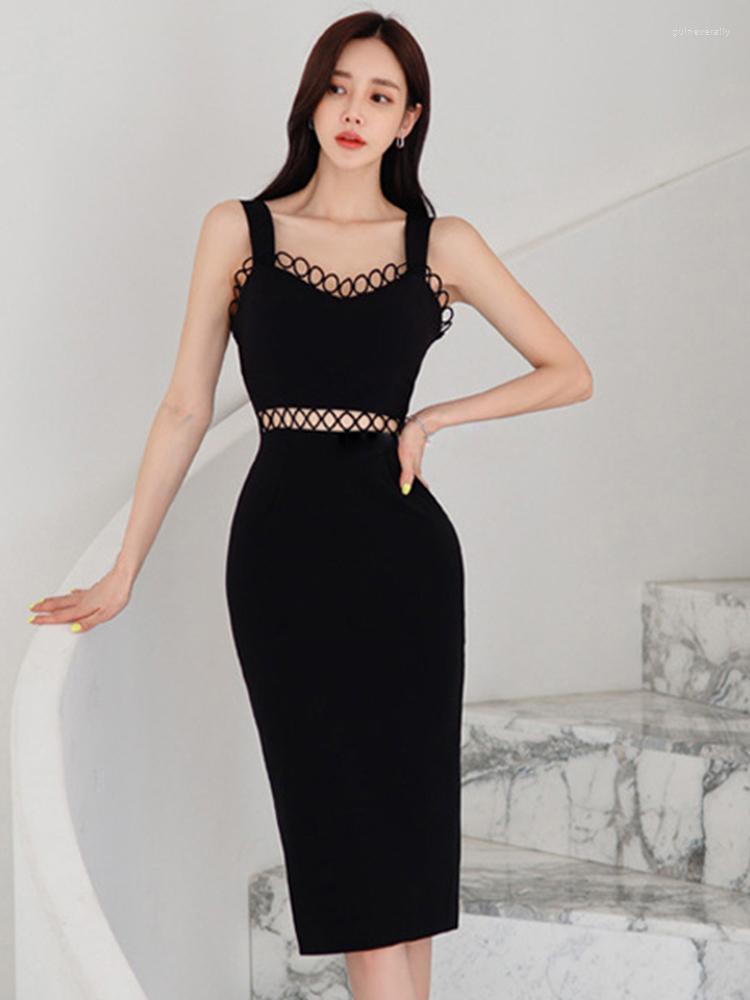 

Casual Dresses Y2K Summer Elegant Women Evening Dress Chic Lady Hollow Sexy Strap Bodycon Slim Midi Party Club Beach Robe Femme Mujer, Black