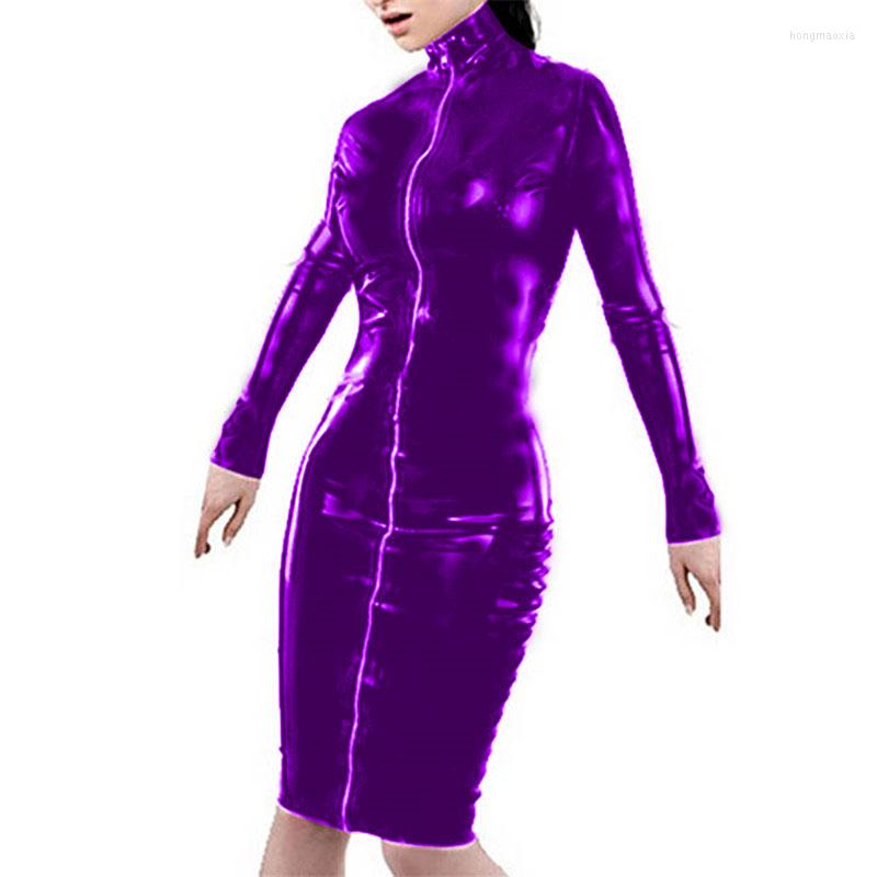 

Casual Dresses 17 Colors Women Long Sleeve Turtleneck Bodycon Midi Dress Shiny Metallic Front Full Zipper Knee Length Party Club, Sky blue
