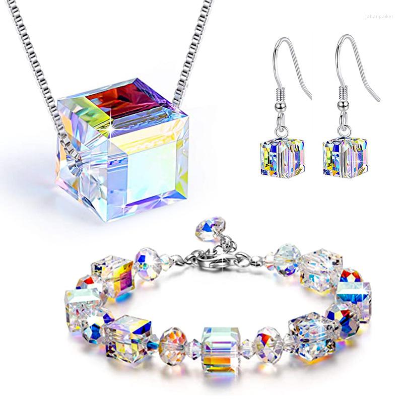 

Pendant Necklaces 1 Set 8mm Austrian Square Crystal Bracelet Necklace Earring For Woman Geometric Bridal Wedding Party Jewelry