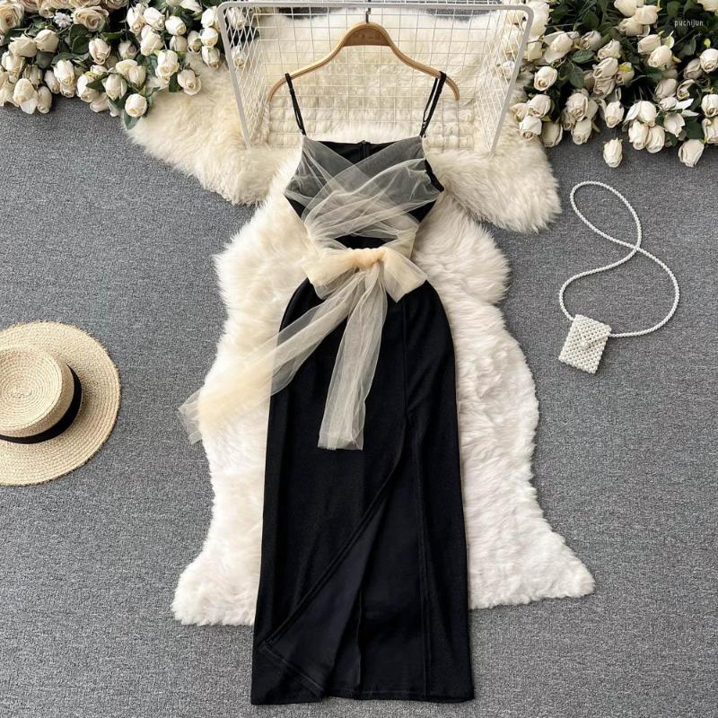 

Casual Dresses ZCWXM Evening Woman Spaghetti Strap Elegant For Year 2023 Off Shoulder Mesh Bow Vestido Sleeveless Sexy Party Dress, Black