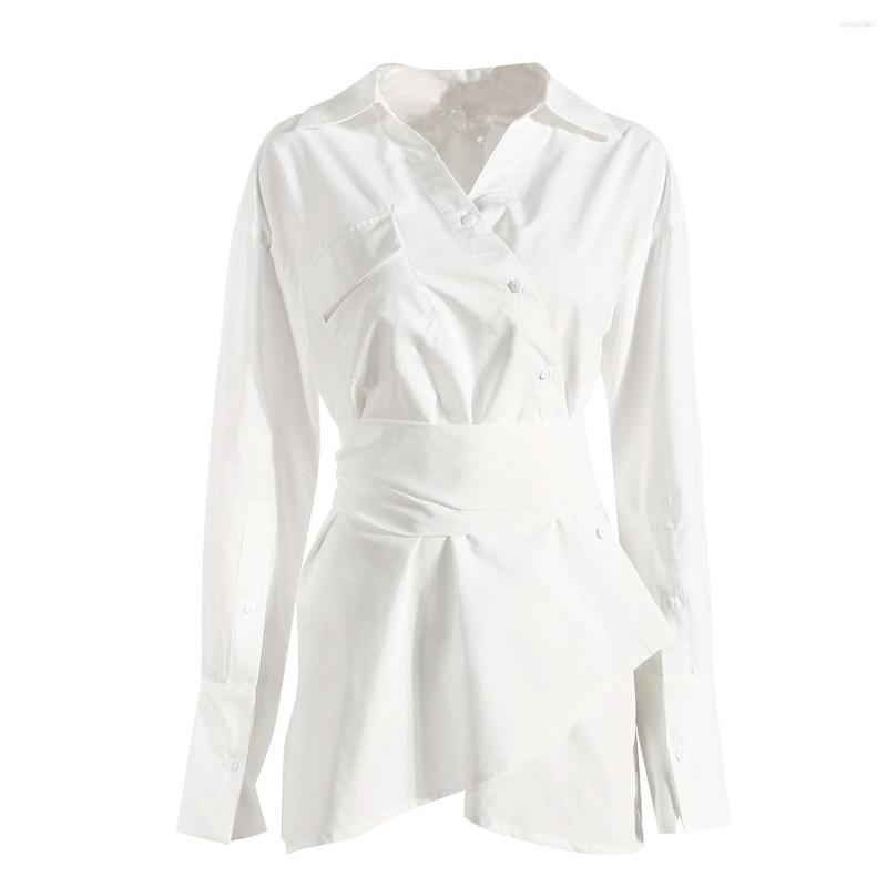 

Women' Blouses SuperAen European And American Irregular Shirt Dress Design Fashion White Loose Waist Turn-down Collar Tops