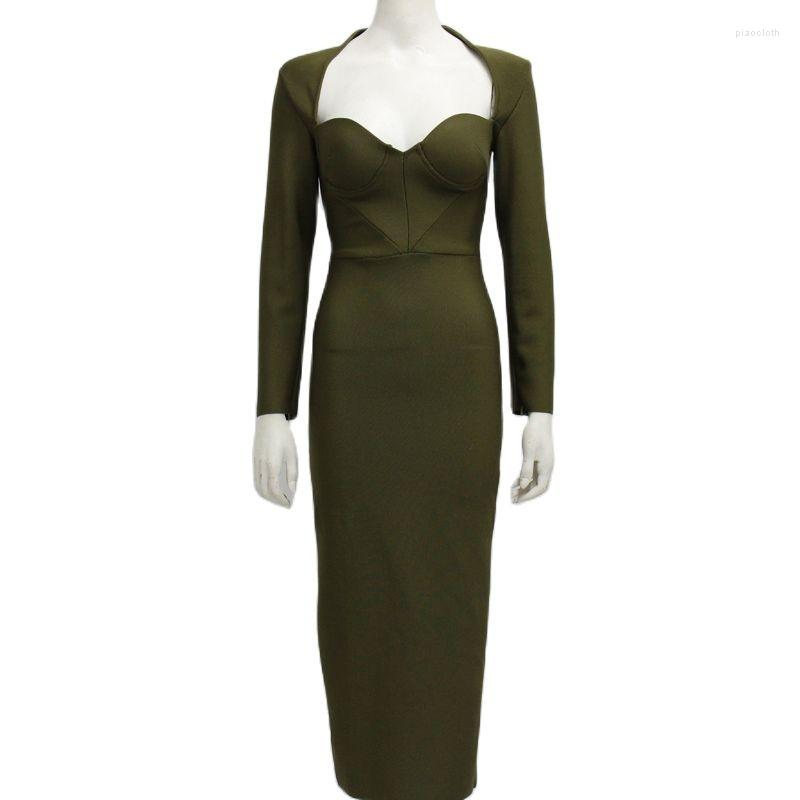 

Casual Dresses Autumn Women Long Sleeved Bandage Dress Sexy V Neck Green Black Bodycon Celebrity Evening Club Midi Party Vestidos