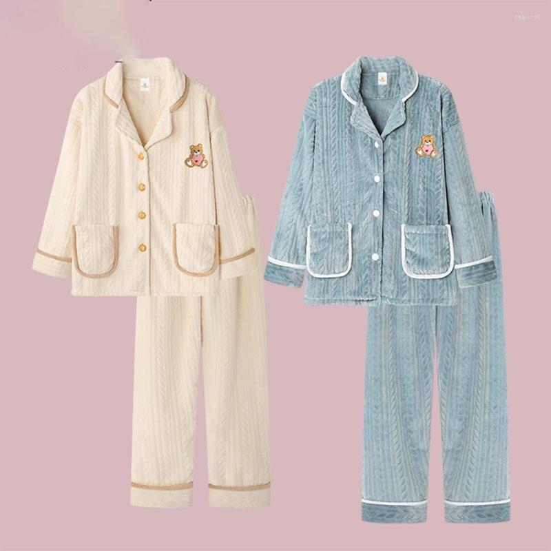 

Women's Sleepwear Flannel Cartoon Heart Bear Print Women Men Winter Warm Fleece Couples Pajamas Set Lovers Pijamas Home Clothes