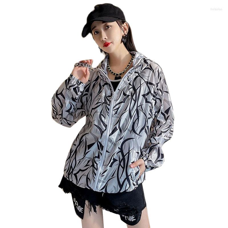 

Women's Jackets 2023 Korean Sun Protection Clothing Women Summer Long Sleeves Loose Casual Printed Harajuku Thin Female Outerwear, Blue