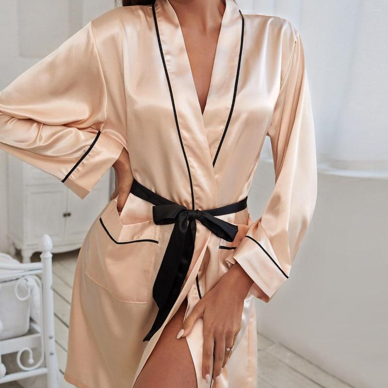 

Women' Sleepwear 1 Contrast Piping Belted Satin Sleep Robe For Women, Black