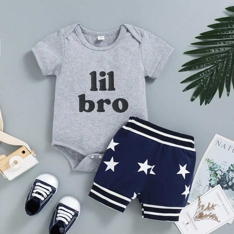 

Clothing Sets Born Infant Baby Boys Clothes Short Sleeve Summer Outfits Letter Print Romper Tops Stars Shorts 2pcs Set Have, Grey