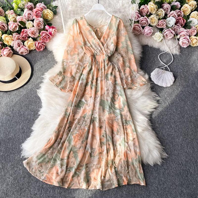 

Casual Dresses ZCWXM Spring Floral Print Dress Women Vintage Long Sleeve Backless Bandage V-neck Elegant Summer A-line Party, Flowers 3