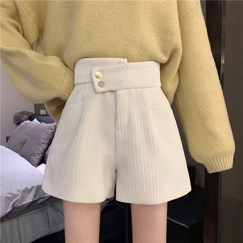 

Women' Shorts Women 2023 Autumn Winter Fashion Woolen Female Warm Casual Short Pants Ladies High Waist Wide Leg A-line J65, Black