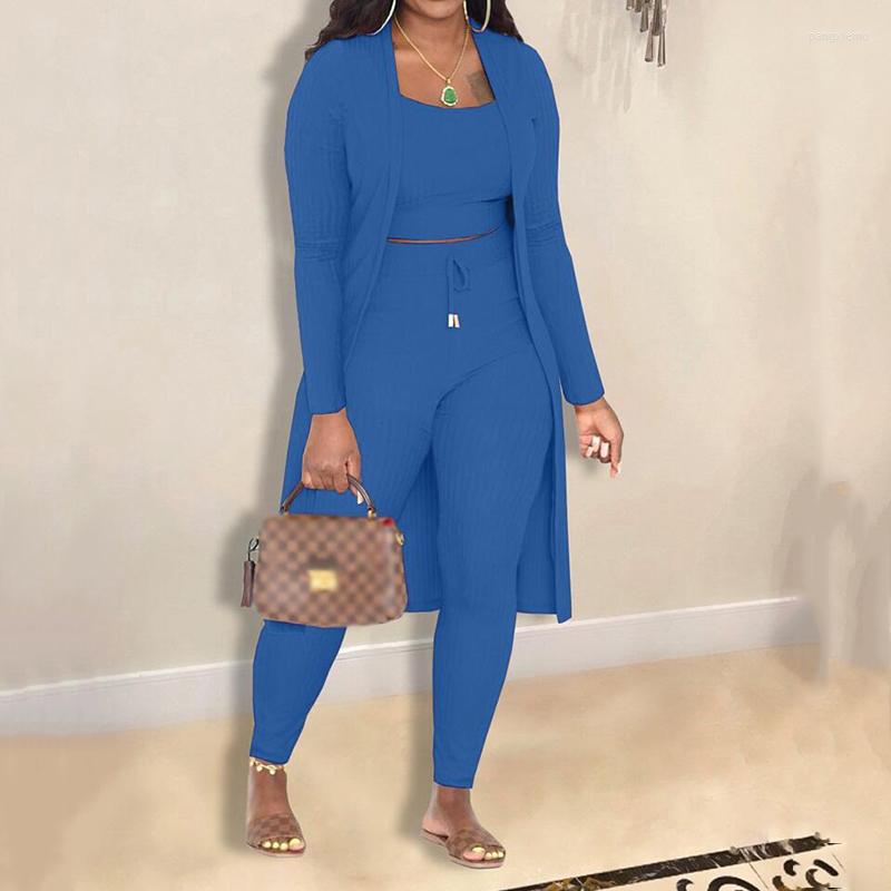 

Women's Tracksuits Fashion Ribbed Slim Homewear Outfit Sexy Sling Tank Top Tie-up Long Pant Cardigan Suit Casual Sleeve Solid 3Pc Set, 02 blue