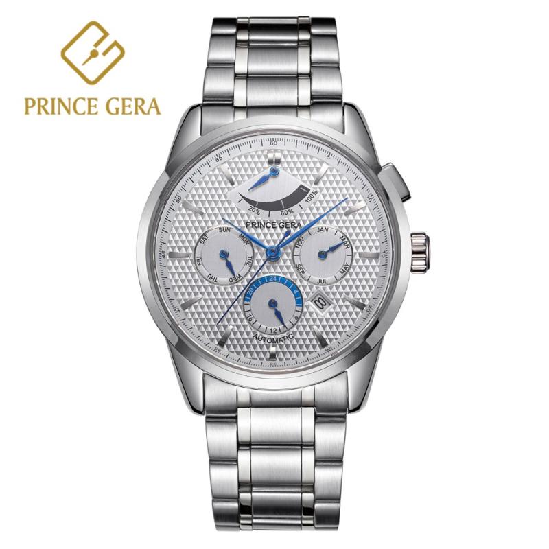 

Wristwatches PRINCE GERA Luxury Four Dial Watch Multi-function Automatic For Men Sapphire Crystal Waterproof Top Mechanical Men's, Silver
