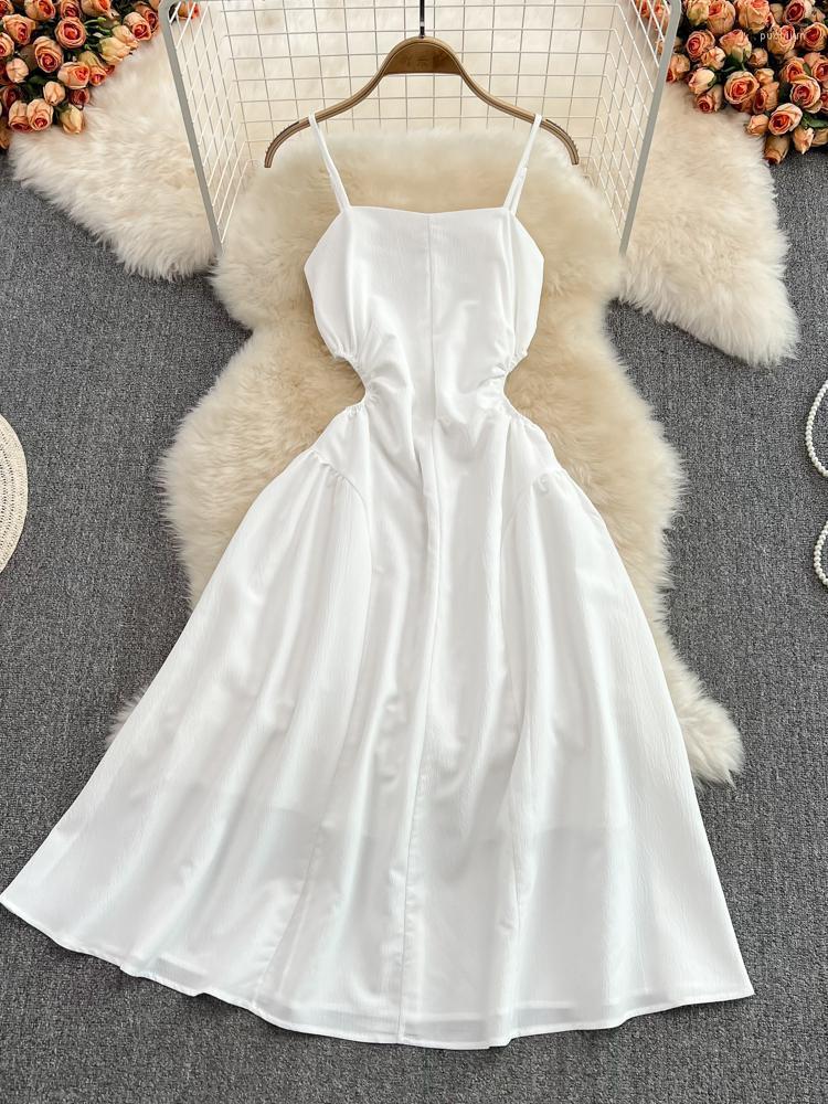 

Casual Dresses ZCWXM Boho Sexy Spaghetti Strap Midi White Dress Summer Women Hollow Waist Vintage High Beach Robe Korean, Sky blue