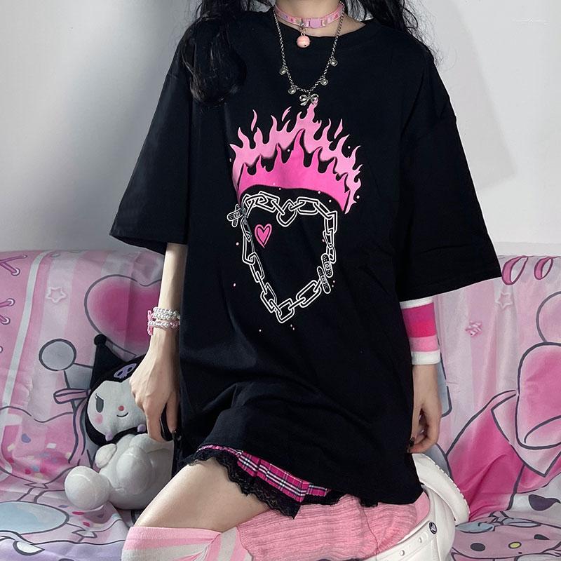 

Women's T Shirts Summer Style Chain Flame Love Heart Printed Short-sleeved T-shirt Women, Short section black