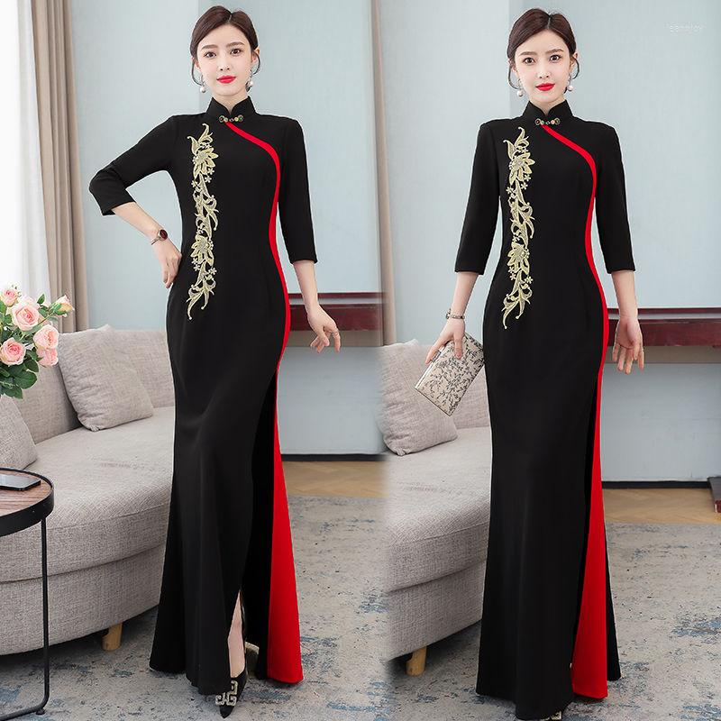 

Ethnic Clothing Female Spring Autumn Improved Catwalk Cheongsam Long Dress Embroidered Beaded Version Elegant Split Fork Qipao