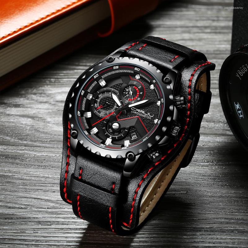 

Wristwatches Reloj Hombre CRRJU Male Leather Automatic Date Quartz Watches Men Waterproof Sport Clock Relogio Masculino Gift, Black