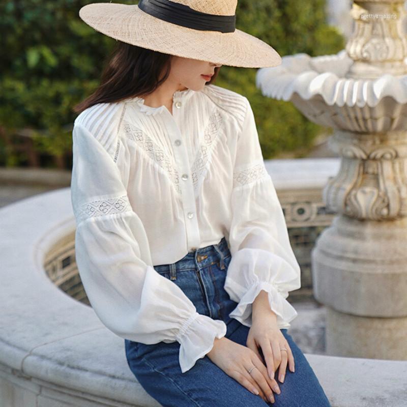 

Women' Blouses Long Sleeves White Lace Blouse Shirt Women Vintage Solid Cotton Autumn 2023 O-Neck Single Breasted Blusas De Mujer Boho Sexy