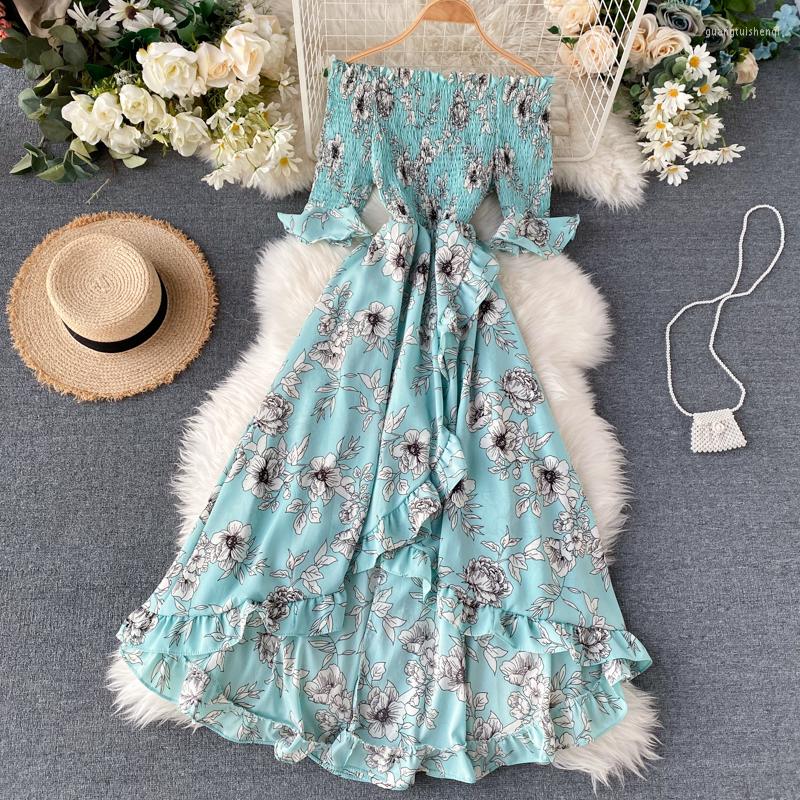 

Casual Dresses Beach Floral Dress Women Summer Holiday Vestido Sexy Off-Shoulder High Waist Robe Ladies Slash Neck Irregular Ruffles, Sky blue