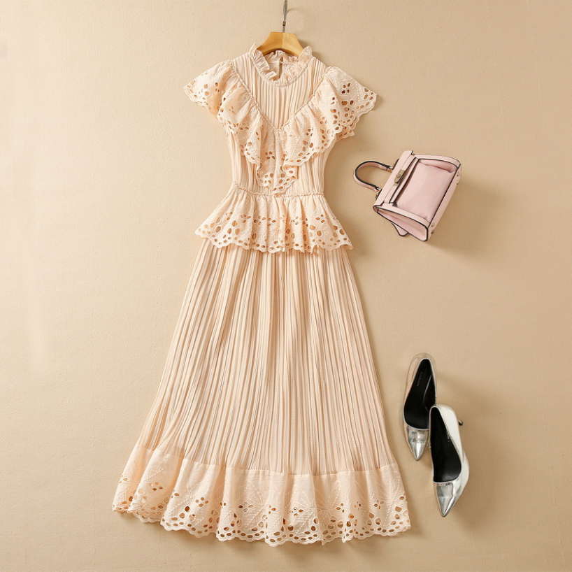 

Summer Sleeveless Round Neck Dress Apricot Solid Color Embroidery Pleated Mid-Calf Ruffle Elegant Casual Mermaid Dresses 22Q042324, Multi