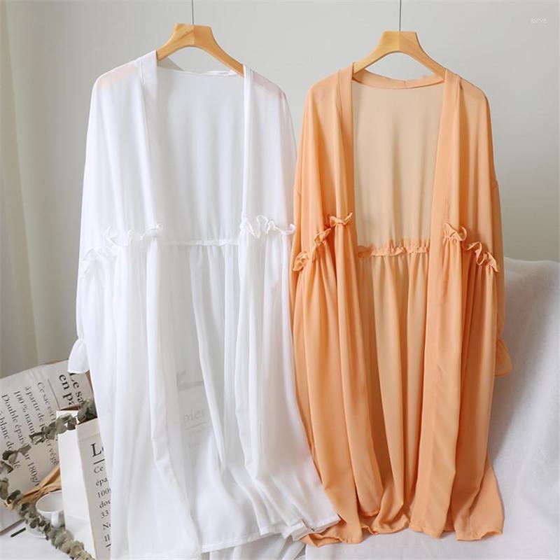 

Women's Blouses Gowyimmes 2023 Summer Women Chiffon Blouse All-match Girl Midi Long Lace Shirt Sun Protection Clothing Beach Style Coat, Black