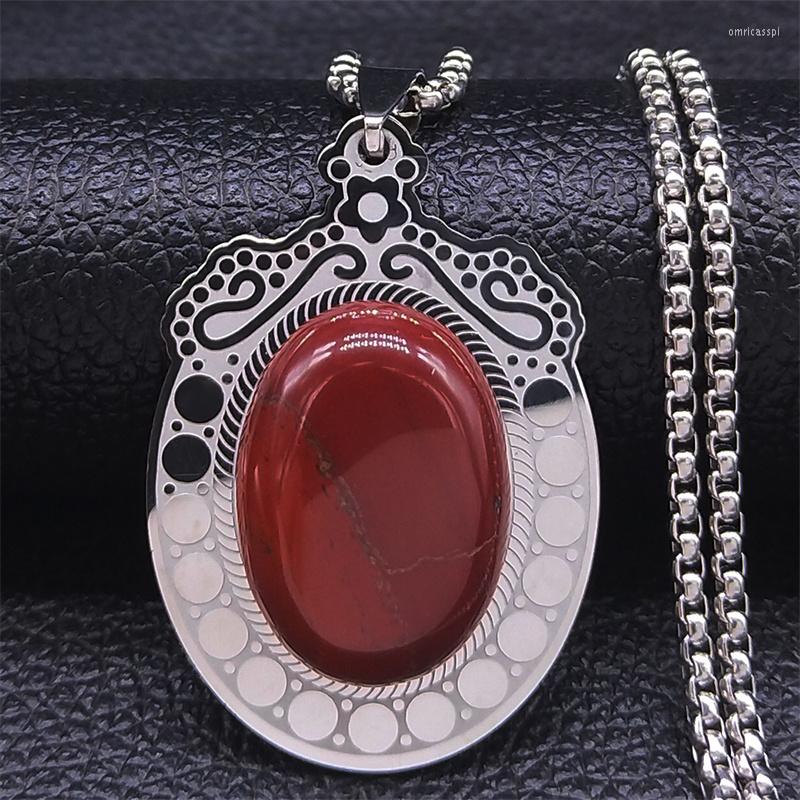 

Pendant Necklaces 2023 Red Natural Stone Stainless Steel Flower Pendants Silver Color Statement Jewelry Collar N2202S04