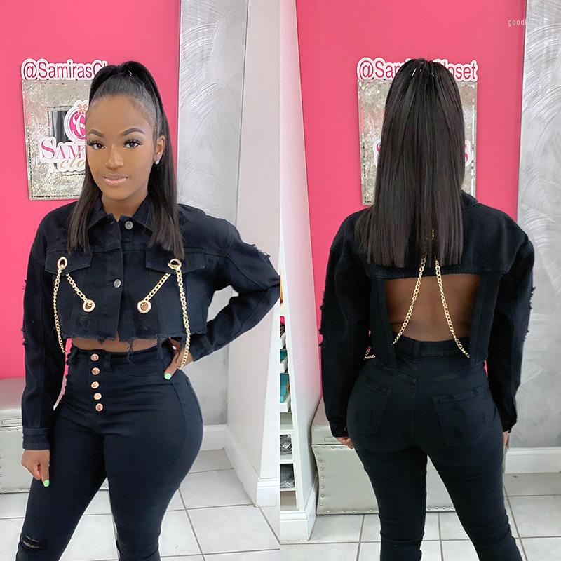 

Women' Jackets Denim Jacket Women Sexy Backless Chains Cropped Blue Black Ripped Holes Tassel Soild Plus Size Short Chaqueta Outwear