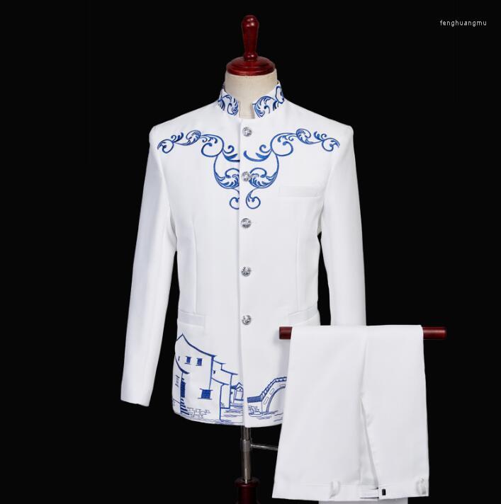 

Men's Suits Chorus White Chinese Tunic Suit For Men Blazer Boys Prom Mariage Fashion Slim Masculino Latest Coat Pant Designs Singer